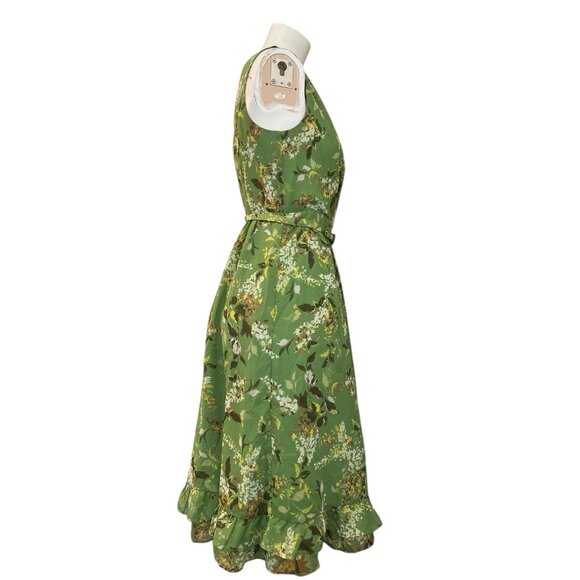 ME George Size 4 Green Floral Ruffle Sleeveless Dress Flare A-Line Belted - Picture 3 of 6